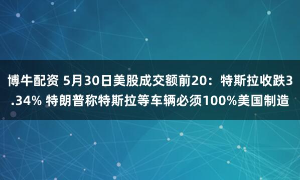 博牛配资 5月30日美股成交额前20：特斯拉收跌3.34% 特朗普称特斯拉等车辆必须100%美国制造